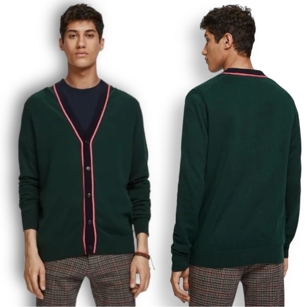 Scotch & Soda Mens Green & Pink Lightweight Cotton-Wool Cardigan Sz L EUC